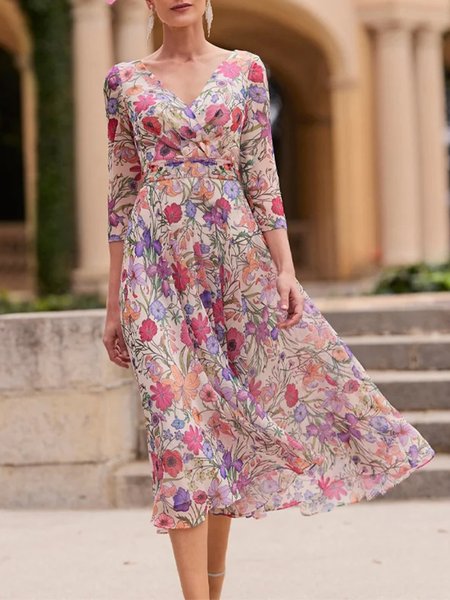 

Elegant V Neck Floral Cross Dress, Pink, Dresses