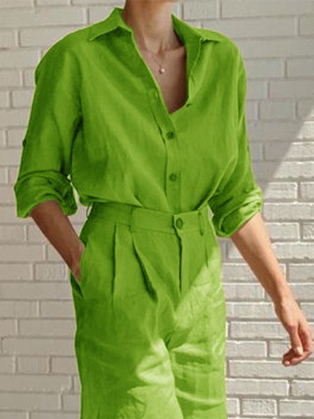 

Casual Loose Shirt Collar Plain Blouse, Green, Blouses and Shirts