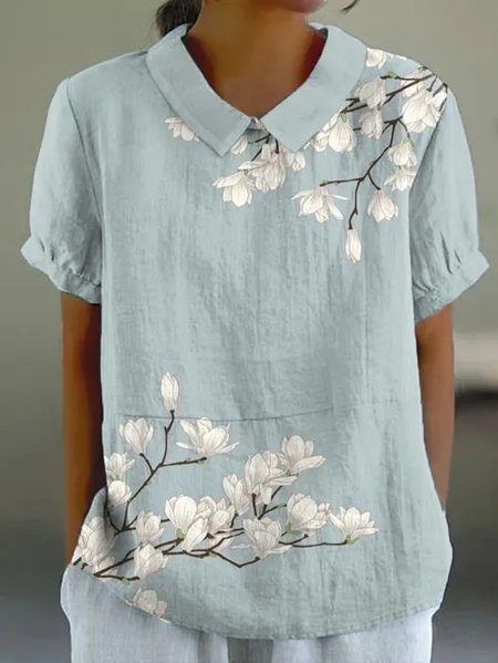 

Casual Floral Shawl Collar Loose Shirt, Gray, Blouses & Shirts