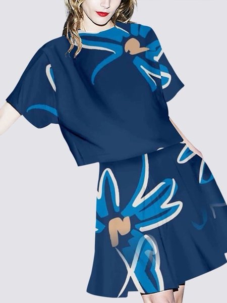 

Crew Neck Casual Loose Floral Two-Piece Set Top With Skirt, Blue, Two-piece Set