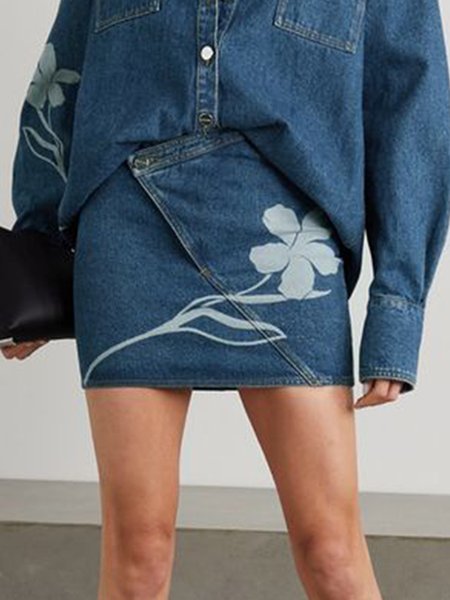 

Floral Urban Regular Fit Denim Mini Skirt, Denim blue, Denim Skirts
