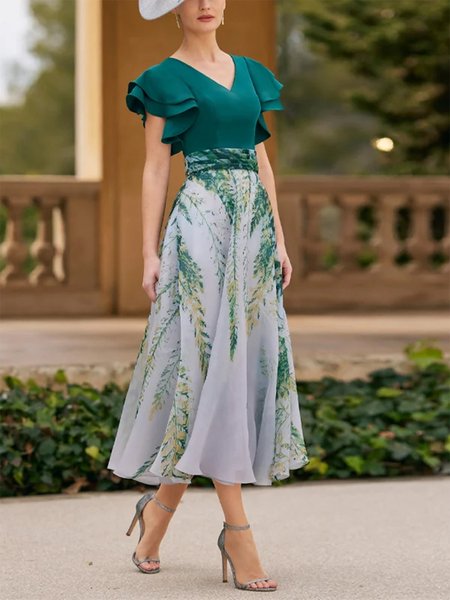 

Ruffled Sleeves Regular Fit Elegant Dress, Green, Dresses