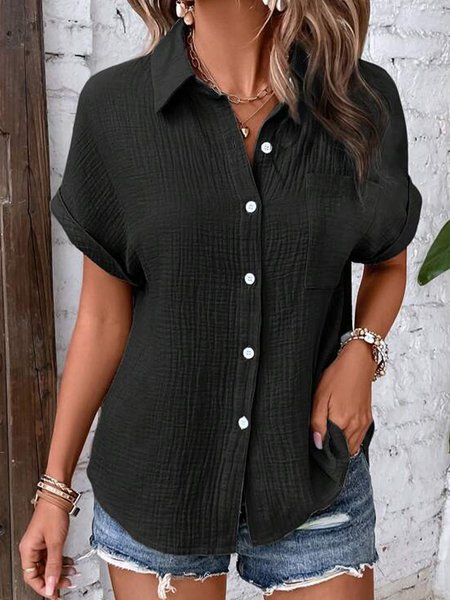

Shirt Collar Casual Cotton Blouse, Black, Blouses & Shirts