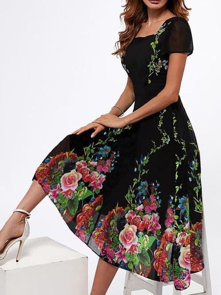 

Elegant Square Neck Floral Dress, Black, Dresses