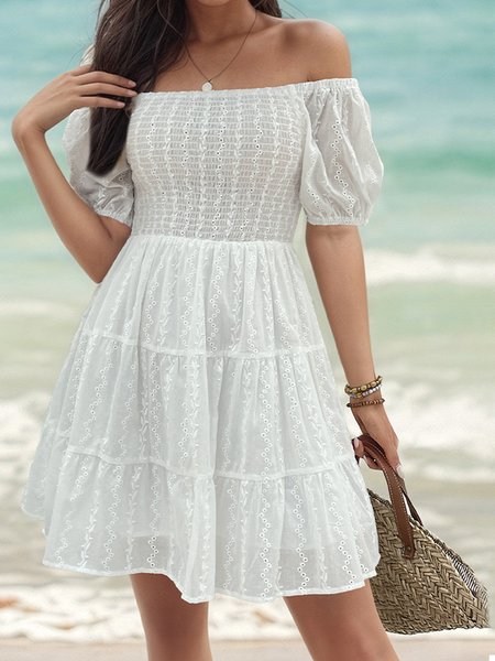 Women Plain Boat Neck Short Sleeve Comfy Casual Short Dress, White, Short