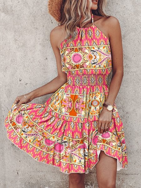 

Women Floral Halter Sleeveless Comfy Casual Short Dress, Color7, Short