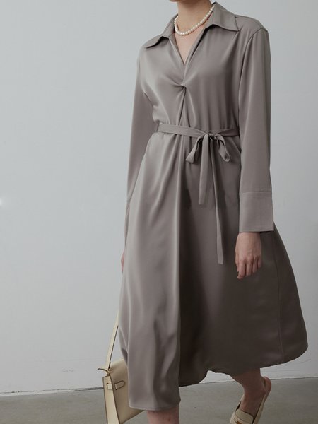 

Plain Urban Regular Sleeve Dress With Belt, Gray, Midi Dresses
