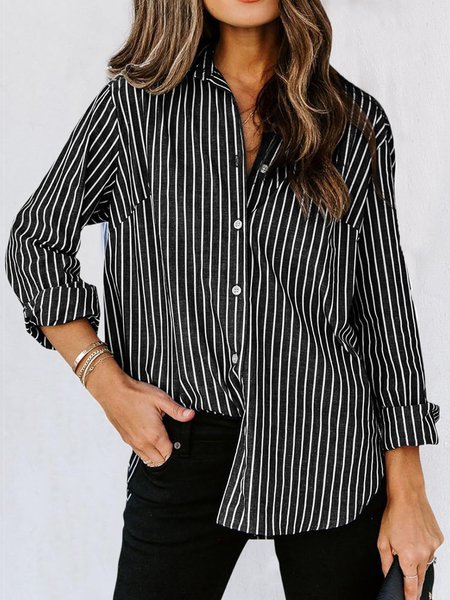 

Shirt Collar Long Sleeve Striped Regular Loose Blouse For Women, Black, Shirts