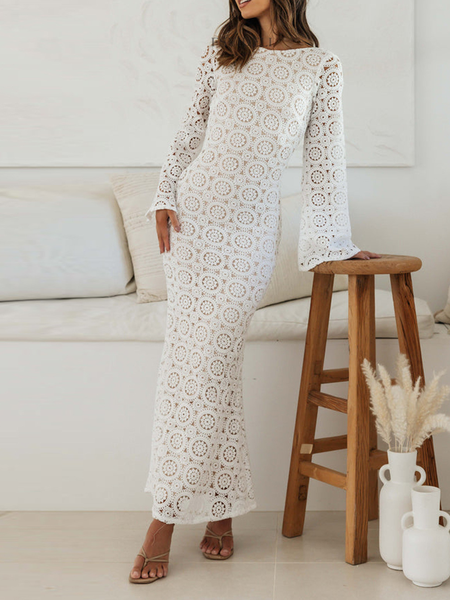 

Women Plain Crew Neck Long Sleeve Comfy Vacation Maxi Dress, White, Dresses