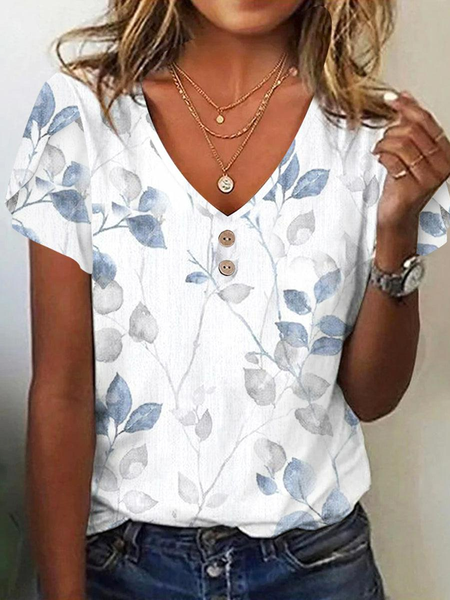 

Casual Leaf V Neck Short Sleeve T-shirt, White, T-shirts