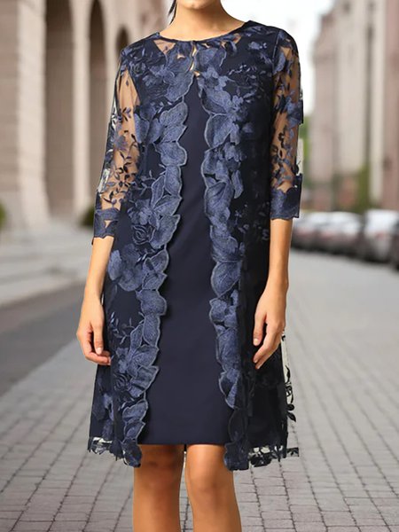 

Lace Plain Elegant Cotton-Blend Two-Piece Set, Dark blue, Dresses