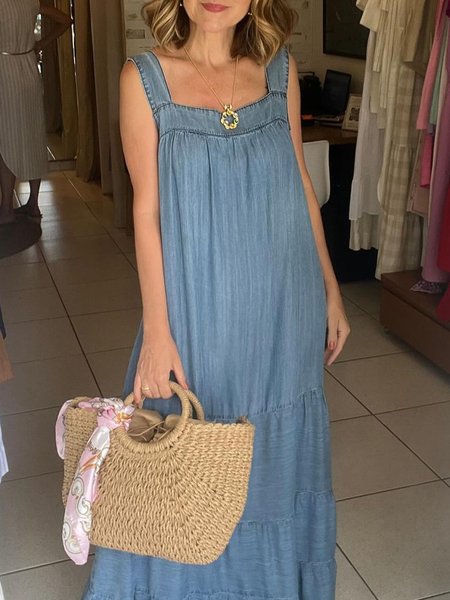 

Casual Plain Square Neck Loose Faux Denim Dress, Blue, Maxi Dresses