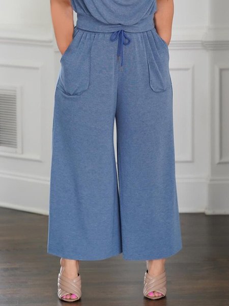 

Casual Plain High Waist Pockets Wide leg Pants, Blue, Pants