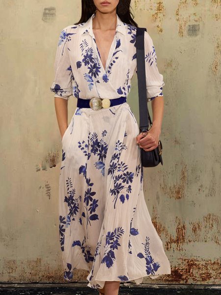 

Daily Urban Shirt Collar Floral Dress, Blue, Midi Dresses
