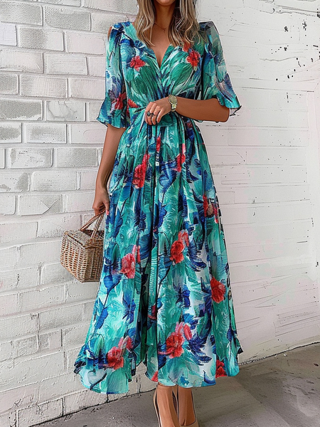 

Floral Elegant Regular Fit Chiffon Dress, Cyan, Dresses