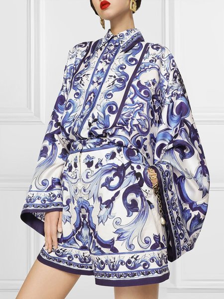 Random Print Loose Urban Long Sleeeve Blouse, Blue, Blouses and Shirts