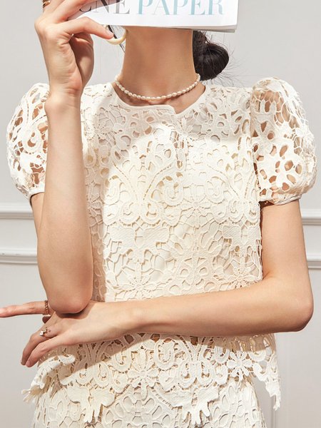 

Crew Neck Urban Puff Sleeve Shirt, White, Blouses and Shirts