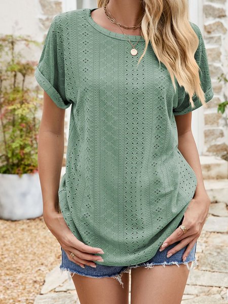

Crew Neck Short Sleeve Plain Regular Regular Fit Shirt For Women, Green, Blouses