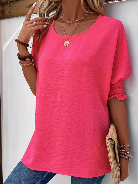 Women Plain Short Sleeve Blouse Summer Crew Neck Daily Casual Top, Rose red, Shirts