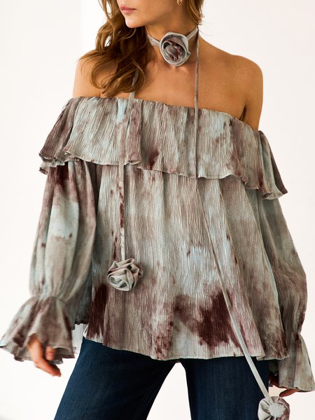 

Boat Neck Long Sleeve Floral Lightweight Loose Shirt For Women, Coffee, Blouses