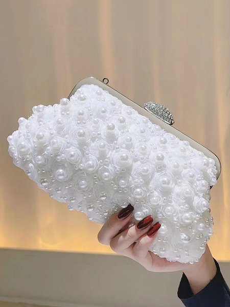 

Elegant Imitation Pearl Floral Clutch Bag, White, Bags