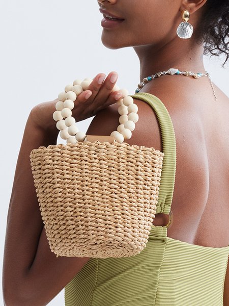 

Vacation Straw Beaded Bucket Handbag, Khaki, Bags