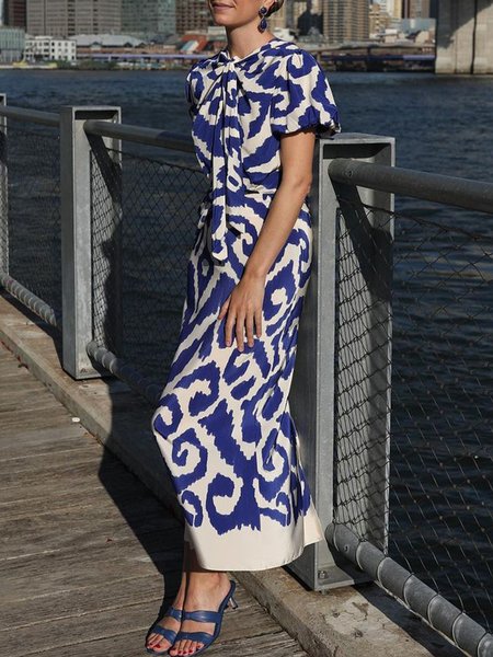 

Abstract Vacation Crew Neck Regular Fit Dress, Blue, Maxi Dresses