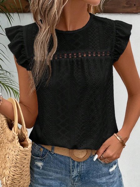 

Crew Neck Cap Sleeve Plain Regular Micro-Elasticity Loose Shirt For Women, Black, Blouses