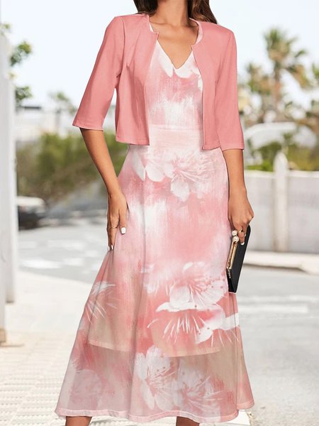 

V Neck Elegant Loose Floral Two-Piece Set, Pink, Suit Set
