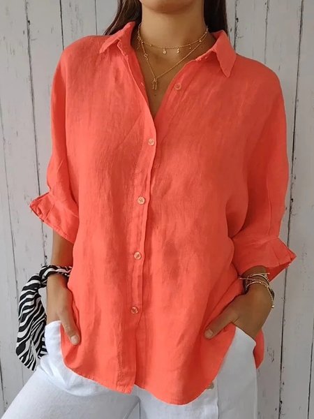 

Shirt Collar Long Sleeve Plain Regular Loose Blouse For Women, Orange, Shirts