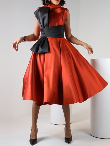 

Crew Neck Color Block Elegant Regular Fit Midi Dress, As picture, Midi Dresses