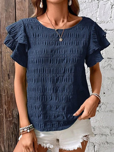 

Crew Neck Short Sleeve Plain Regular Loose Shirt For Women, Navyblue, Blouses
