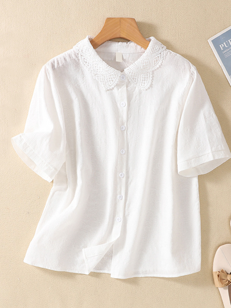 

Shirt Collar Cotton-Blend Plain Simple Blouse, White, Blouses & Shirts