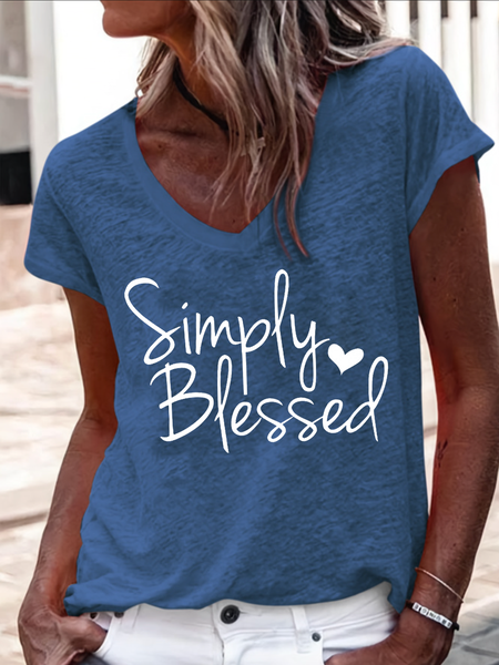

Simply Blessed Faith Text Letters Casual V Neck T-Shirt, Blue, T-shirts