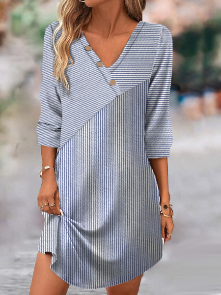 

Women Striped V Neck Short Sleeve Comfy Casual Short Dress, Blue, Short