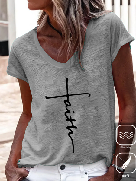 

Faith Cross Text Letters Cotton-Blend Casual V Neck T-Shirt, Gray, T-shirts
