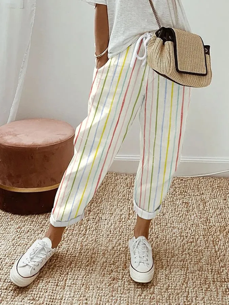 

Casual Striped Long Pant, White, Pants