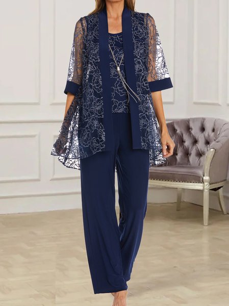 

Plain Lace Elegant Crew Neck Matching Outfit, Dark blue, Suit Set