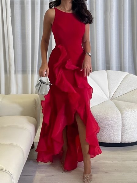 

Regular Fit Crew Neck Plain Elegant Maxi Dress, Red, Maxi Dresses