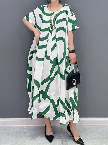 

Loose Abstract Graphic Short Sleeve Vacation Maxi Dress, Green, Maxi Dresses