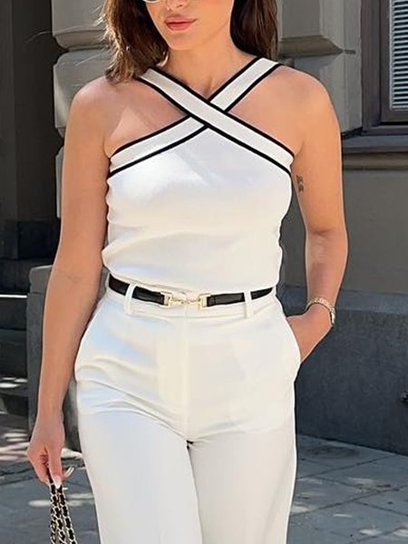 

Color Block Halter Tight Urban Tank Top, Black-white, Tanks and Camis