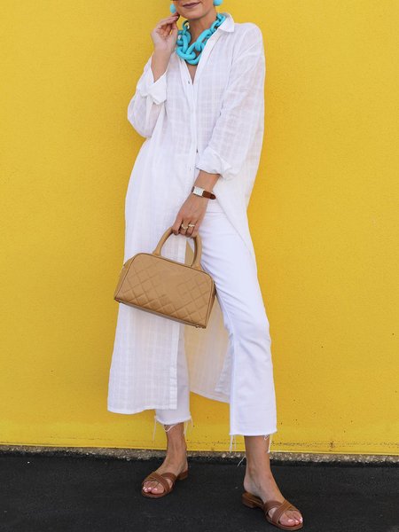 

Shirt Collar Loose Plain Casual Blouse, White, Blouses and Shirts