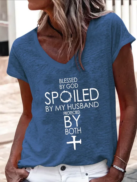 

Women's Blessed By God Spoiled By My Husband Protected By Both V-Neck Tee, Blue, T-shirts