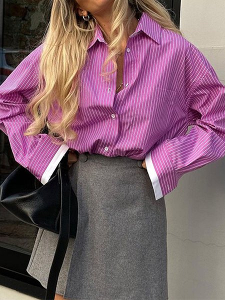 

Urban Striped Shirt Collar Long Sleeve Blouse, Pink, Blouses and Shirts