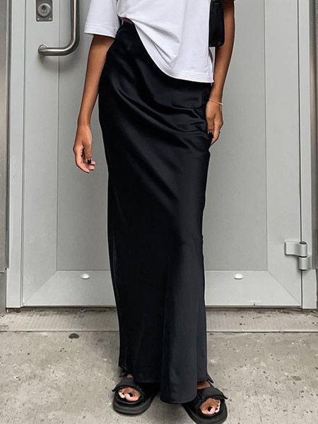 

Satin Regular Fit Urban Plain Skirt, Black, Skirts