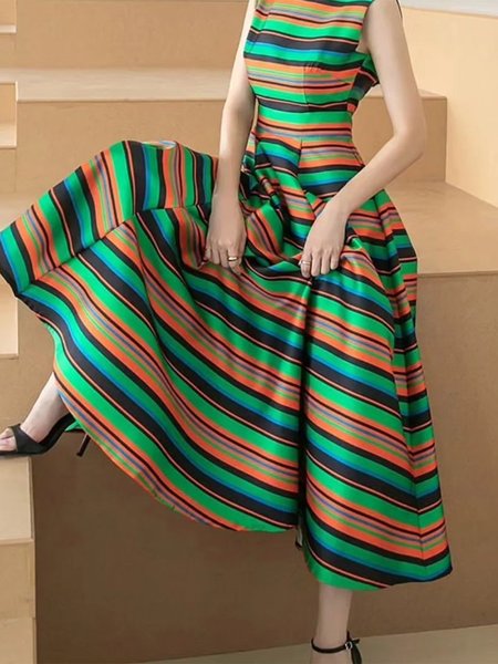 

Crew Neck Elegant Regular Fit Striped Sleeveless Maxi Dress, Green, Maxi Dresses