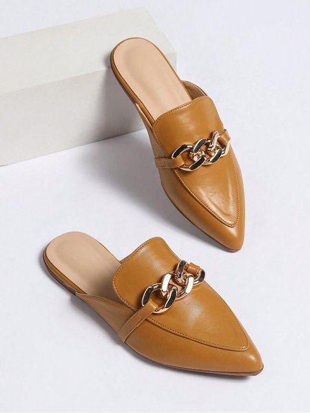 Minimalist Urban Chain Decor Flat Heel Mules, Brown, Loafers