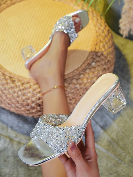 

Glamorous Rhinestone Decorated Crystal Chunky Heel Mule Sandals, Transparent, Slippers