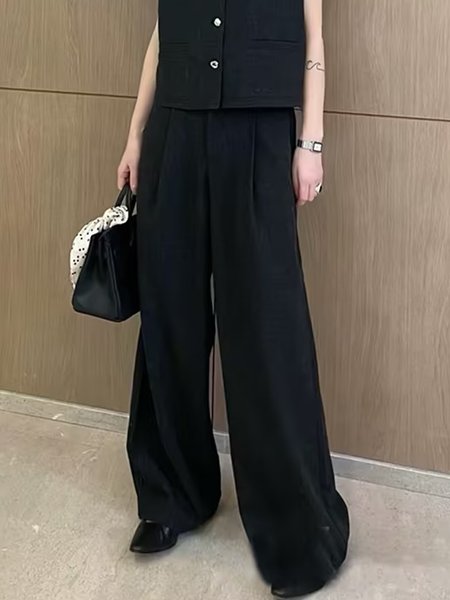 

Wide leg Casual Loose Plain Pants, Black, Pants