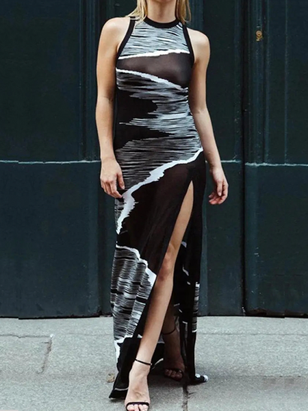 

Regular Fit High Elasticity Sleeveless Urban Random Print Maxi Dress, As picture, Maxi Dresses